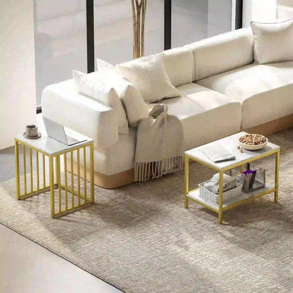 HOMCOM Modern Coffee Table Set of Two, Marble-Effect Nesting Side Tables with Steel Frame for Living Room, Gold Tone Additional View 8