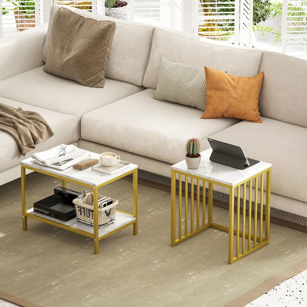 HOMCOM Modern Coffee Table Set of Two, Marble-Effect Nesting Side Tables with Steel Frame for Living Room, Gold Tone Additional View 10