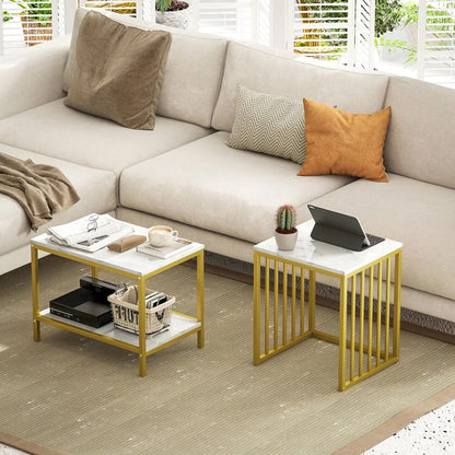 HOMCOM Modern Coffee Table Set of Two, Marble-Effect Nesting Side Tables with Steel Frame for Living Room, Gold Tone Additional View 10