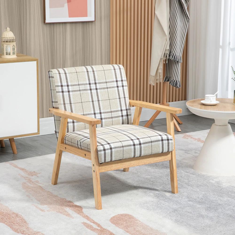 HOMCOM Modern One Seater Sofa for Living Room, Linen Fabric Small Couch with Rubber Wood Frame, Armrests, Lattice Pattern, Upholstered Armchair, Beige Additional View 2