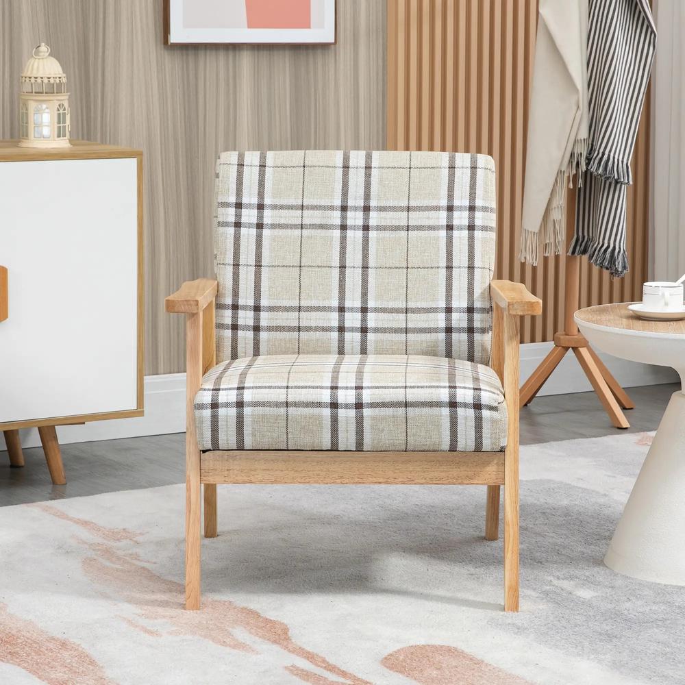 HOMCOM Modern One Seater Sofa for Living Room, Linen Fabric Small Couch with Rubber Wood Frame, Armrests, Lattice Pattern, Upholstered Armchair, Beige Additional View 8