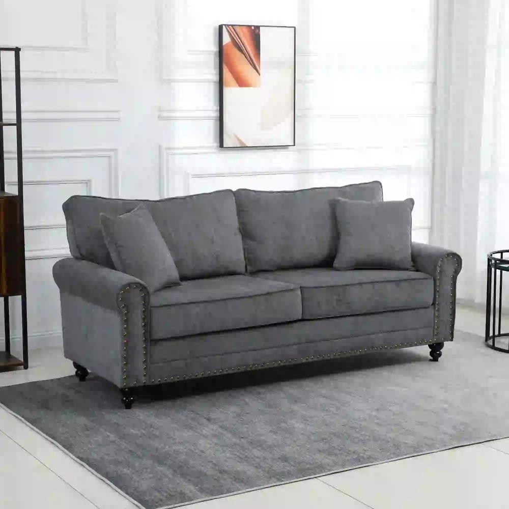 HOMCOM 196cm 3 Seater Sofa, Fabric Sofa with Rubber Wood Legs, Nailhead Trim, 2 Pillows, Small Upholstered Couch Settee for Living Room, Guest Room Additional View 13