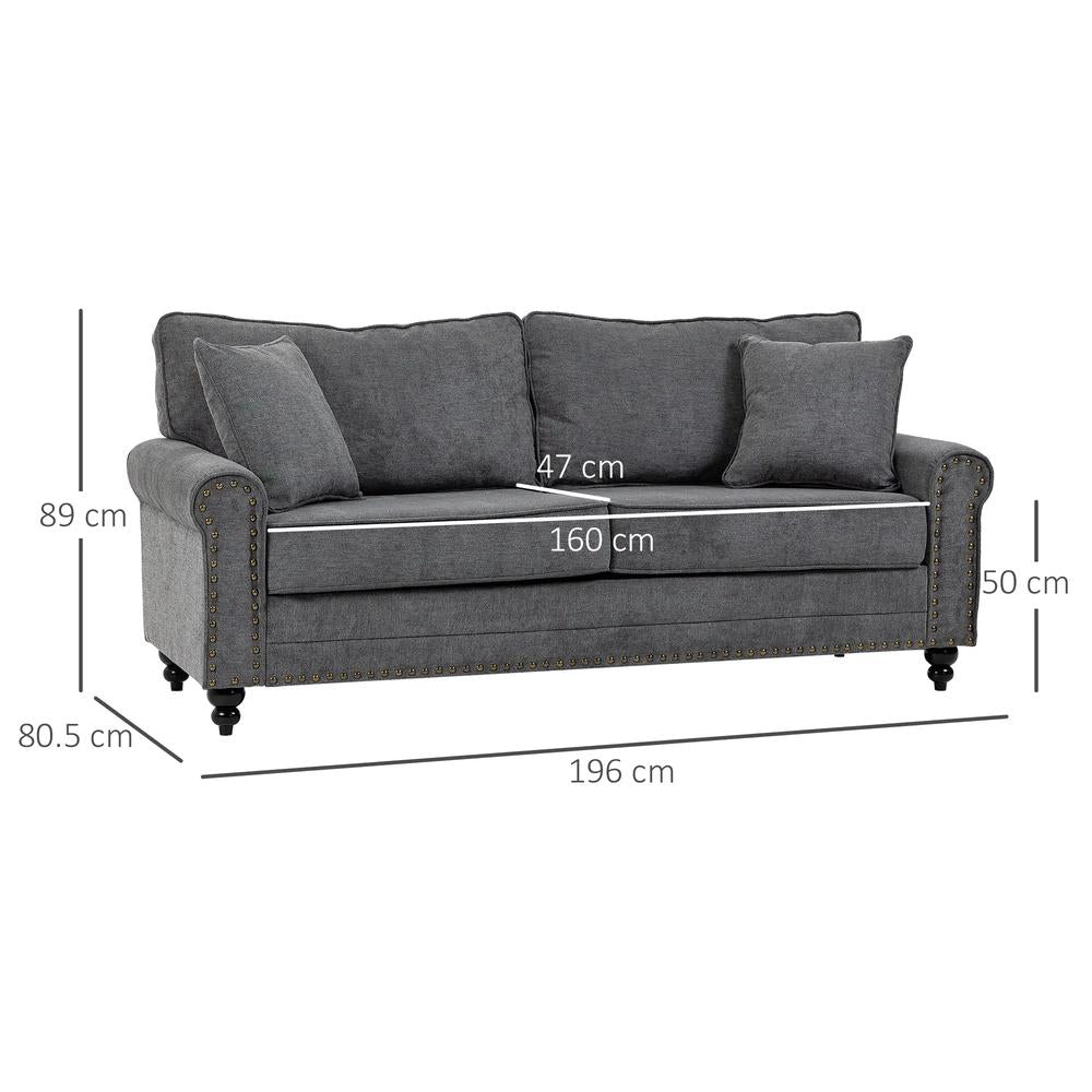 HOMCOM 196cm 3 Seater Sofa, Fabric Sofa with Rubber Wood Legs, Nailhead Trim, 2 Pillows, Small Upholstered Couch Settee for Living Room, Guest Room Additional View 14