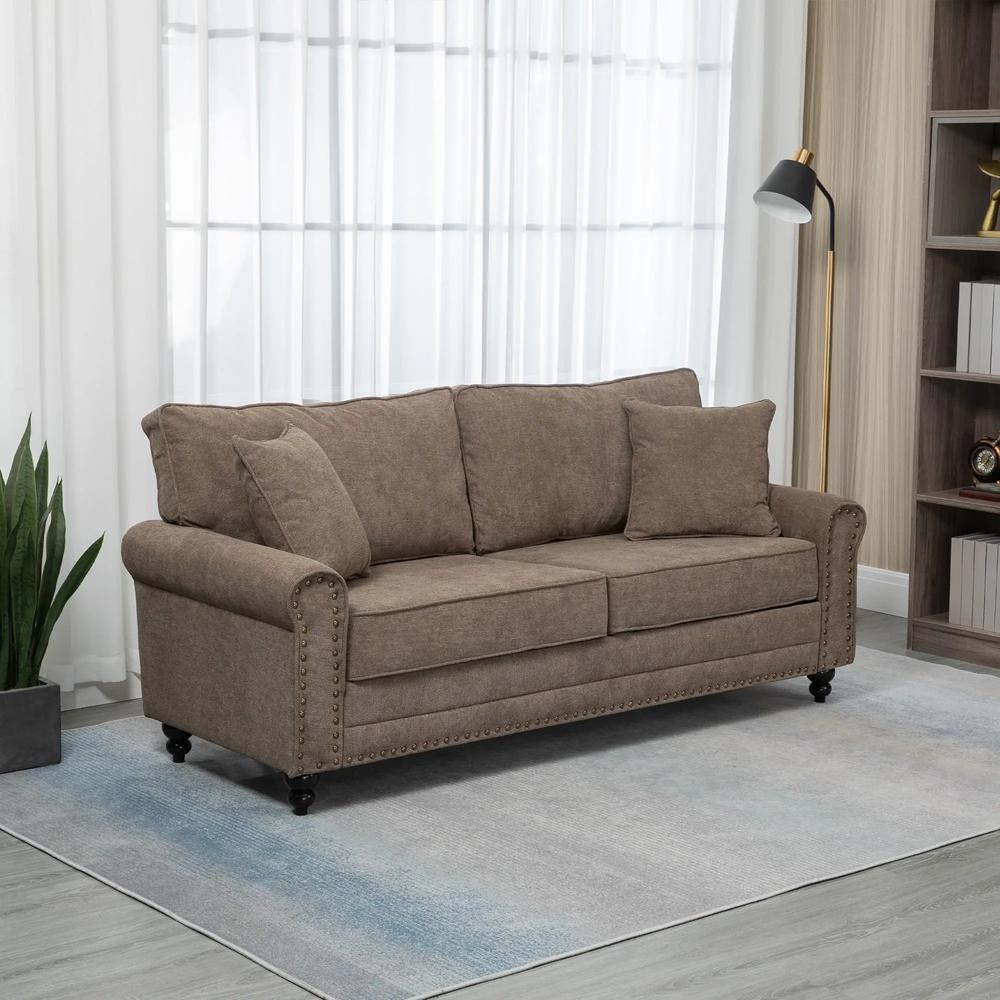 HOMCOM 196cm 3 Seater Sofa, Fabric Sofa with Rubber Wood Legs, Nailhead Trim, 2 Pillows, Small Upholstered Couch Settee for Living Room, Guest Room Additional View 2
