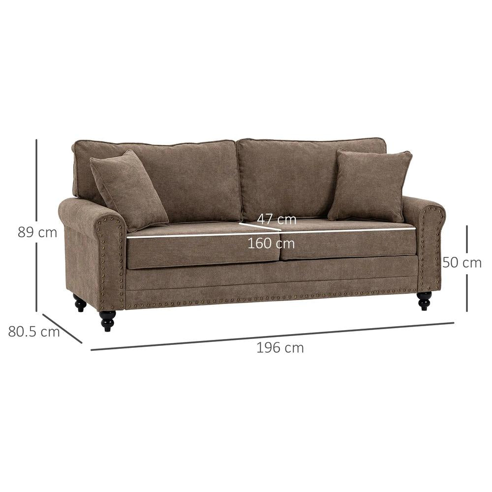 HOMCOM 196cm 3 Seater Sofa, Fabric Sofa with Rubber Wood Legs, Nailhead Trim, 2 Pillows, Small Upholstered Couch Settee for Living Room, Guest Room Additional View 3