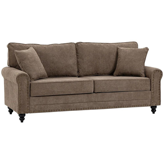 HOMCOM 196cm 3 Seater Sofa, Fabric Sofa with Rubber Wood Legs, Nailhead Trim, 2 Pillows, Small Upholstered Couch Settee for Living Room, Guest Room