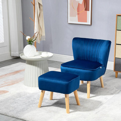 HOMCOM Velvet Accent Chair Occasional Tub Seat Padding Curved Back w/ Ottoman Wood Frame Legs Home Furniture, Dark Blue Additional View 2