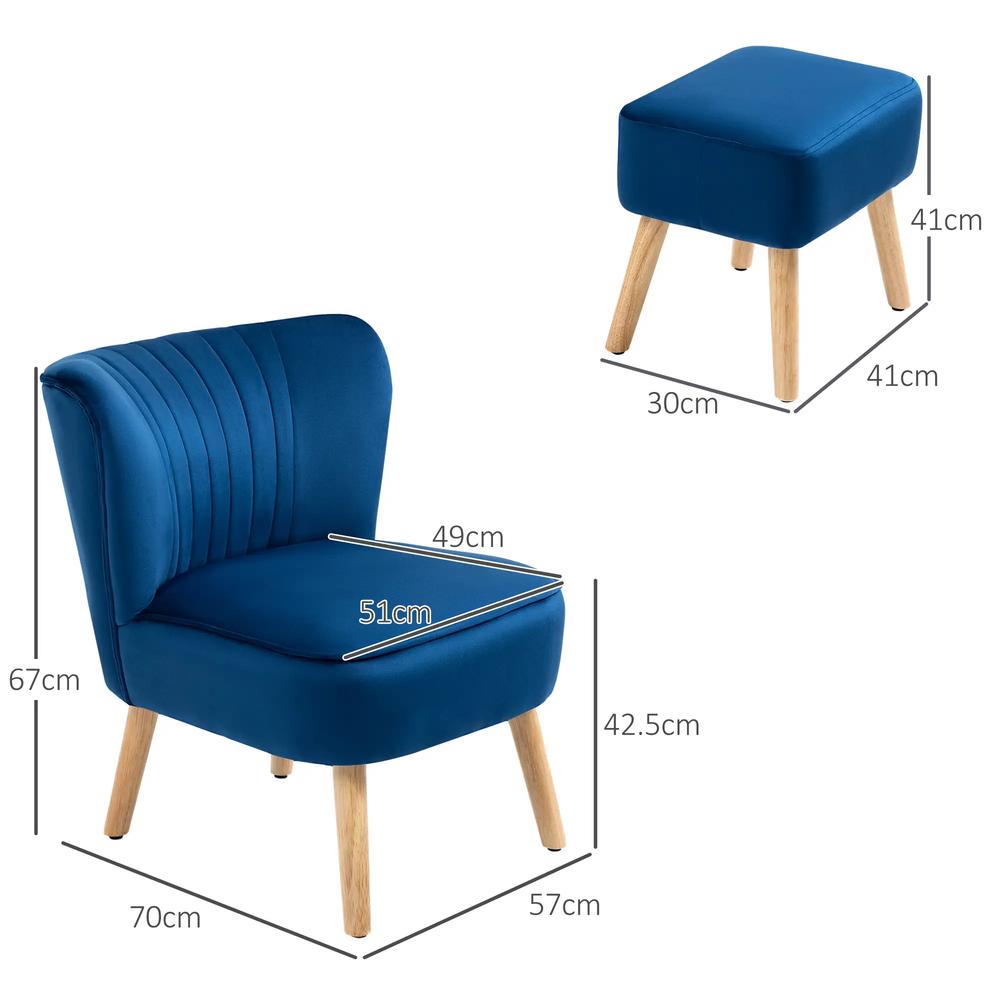 HOMCOM Velvet Accent Chair Occasional Tub Seat Padding Curved Back w/ Ottoman Wood Frame Legs Home Furniture, Dark Blue Additional View 3