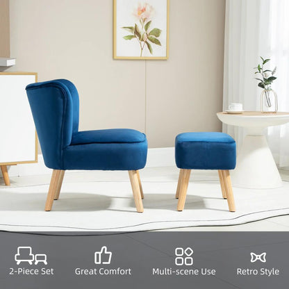 HOMCOM Velvet Accent Chair Occasional Tub Seat Padding Curved Back w/ Ottoman Wood Frame Legs Home Furniture, Dark Blue Additional View 6