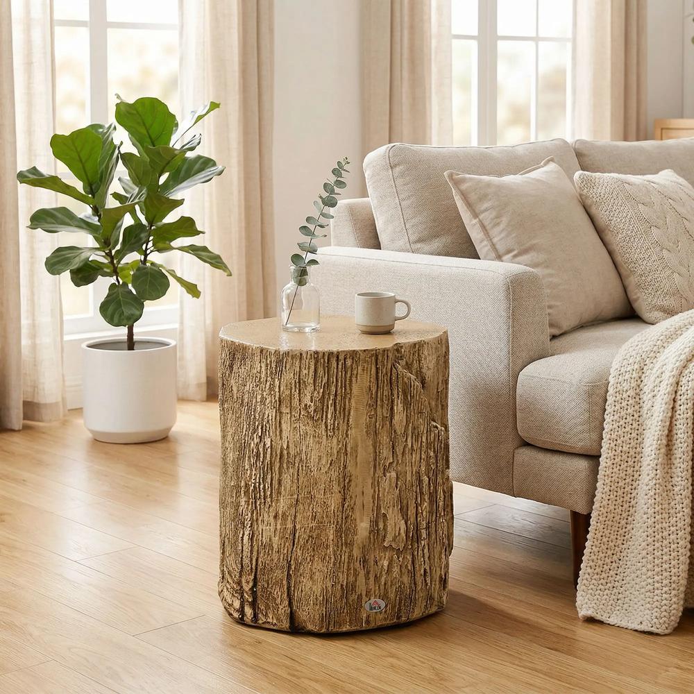 HOMCOM Tree Stump End Table, Round Concrete Side Table for Indoor and Outdoor Use, Natural Wood Effect Additional View 2