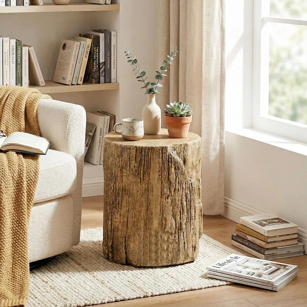 HOMCOM Tree Stump End Table, Round Concrete Side Table for Indoor and Outdoor Use, Natural Wood Effect Additional View 10