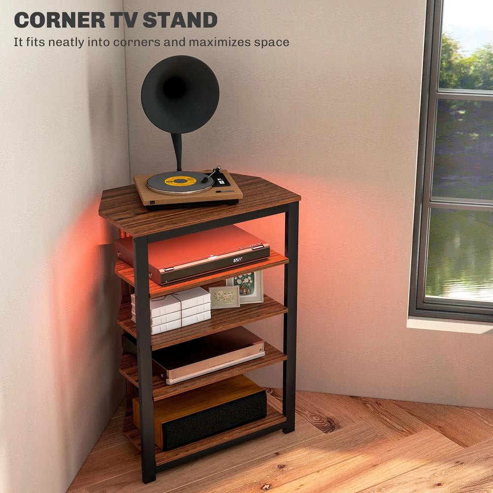 HOMCOM 4-Tier Corner TV Stand with Storage, LED Lights, Cable Management, Small Entertainment Centre for TVs up to 29", for Living Room, Bedroom, Brown Wood Effect Additional View 4