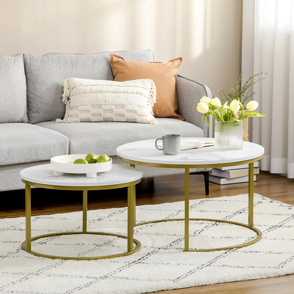 HOMCOM Coffee Table Set of 2, Round Nest of Tables with Metal Frame, Modern Side Tables for Living Room Additional View 2