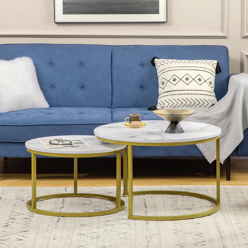 HOMCOM Coffee Table Set of 2, Round Nest of Tables with Metal Frame, Modern Side Tables for Living Room Additional View 7