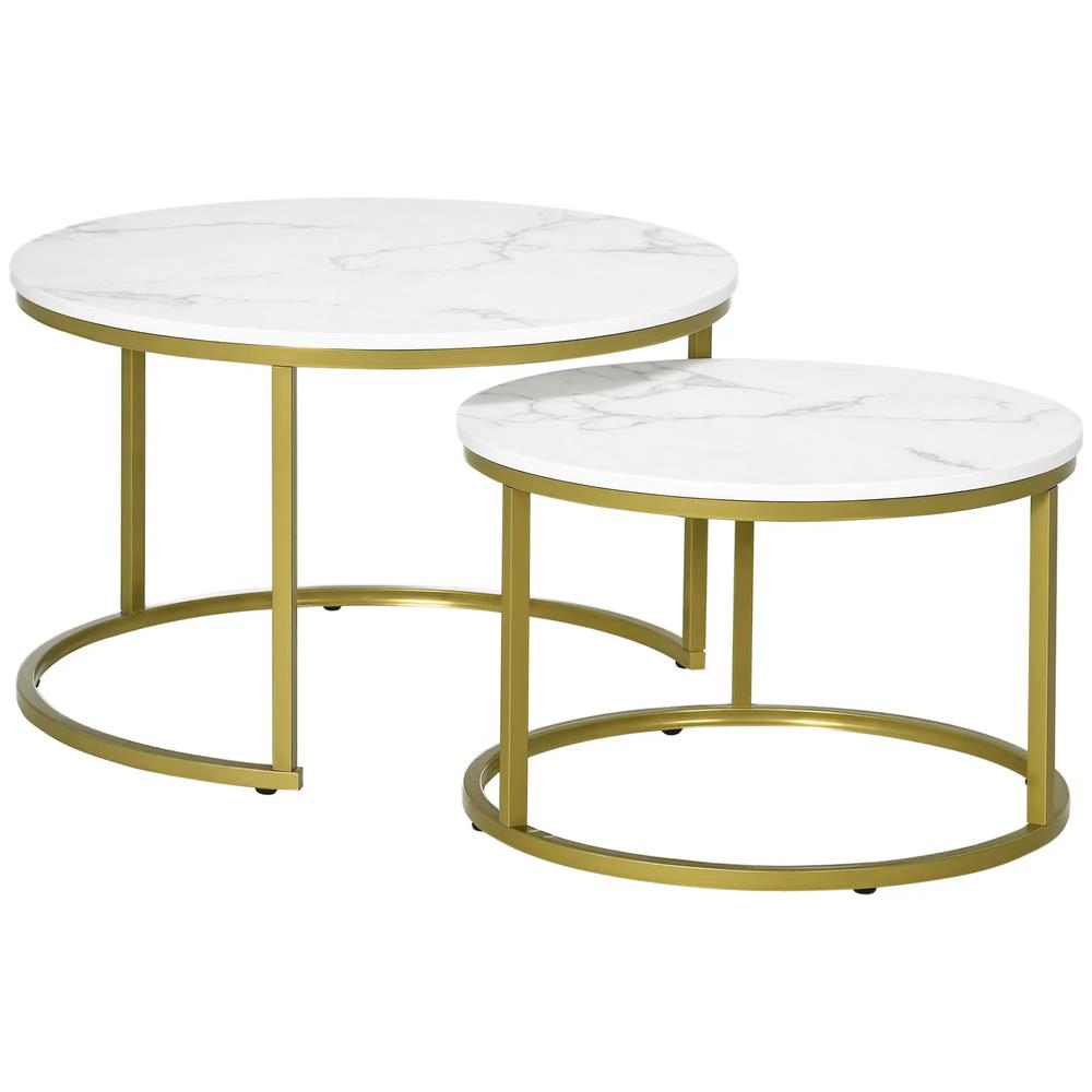 HOMCOM Coffee Table Set of 2, Round Nest of Tables with Metal Frame, Modern Side Tables for Living Room