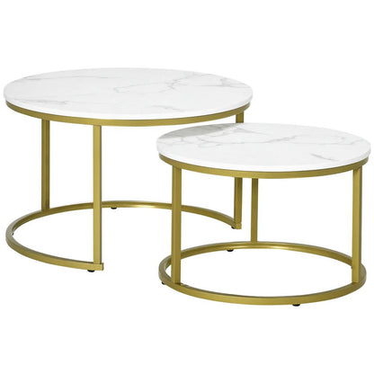 HOMCOM Coffee Table Set of 2, Round Nest of Tables with Metal Frame, Modern Side Tables for Living Room