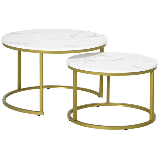 HOMCOM Coffee Table Set of 2, Round Nest of Tables with Metal Frame, Modern Side Tables for Living Room