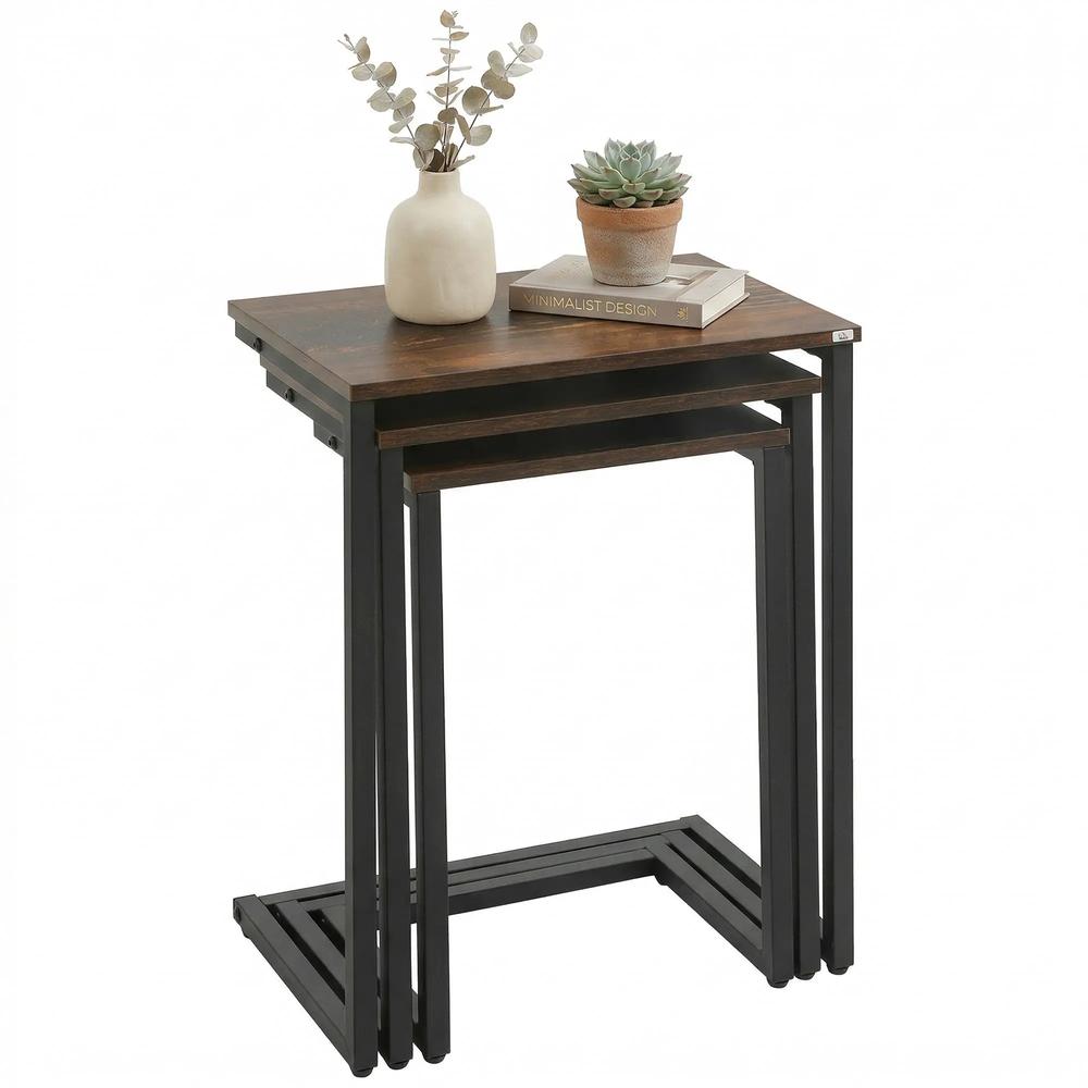 HOMCOM Nesting Side Tables Set of 3, C-Shaped Snack Side Tables with Steel Frame for Sofa Couch and Bed, Rustic Brown Additional View 11