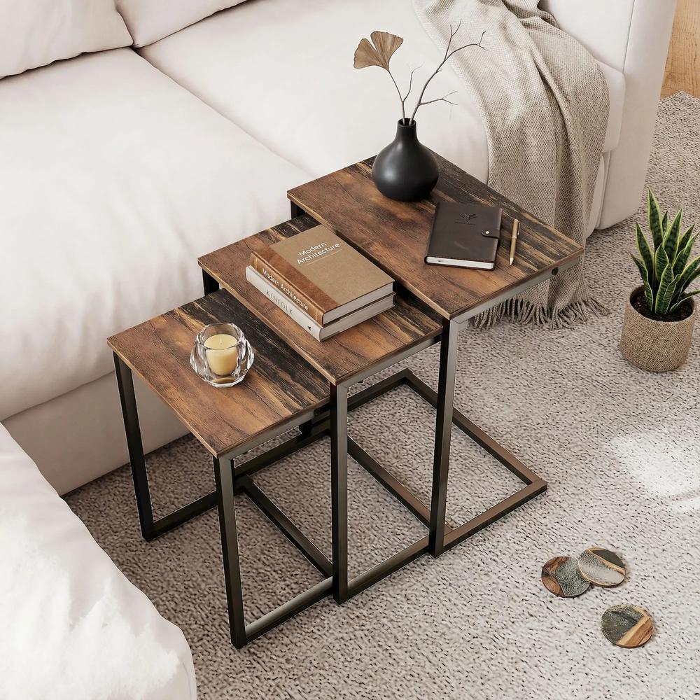 HOMCOM Nesting Side Tables Set of 3, C-Shaped Snack Side Tables with Steel Frame for Sofa Couch and Bed, Rustic Brown Additional View 2