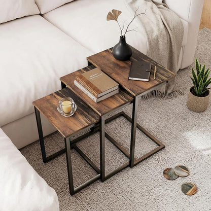 HOMCOM Nesting Side Tables Set of 3, C-Shaped Snack Side Tables with Steel Frame for Sofa Couch and Bed, Rustic Brown Additional View 2