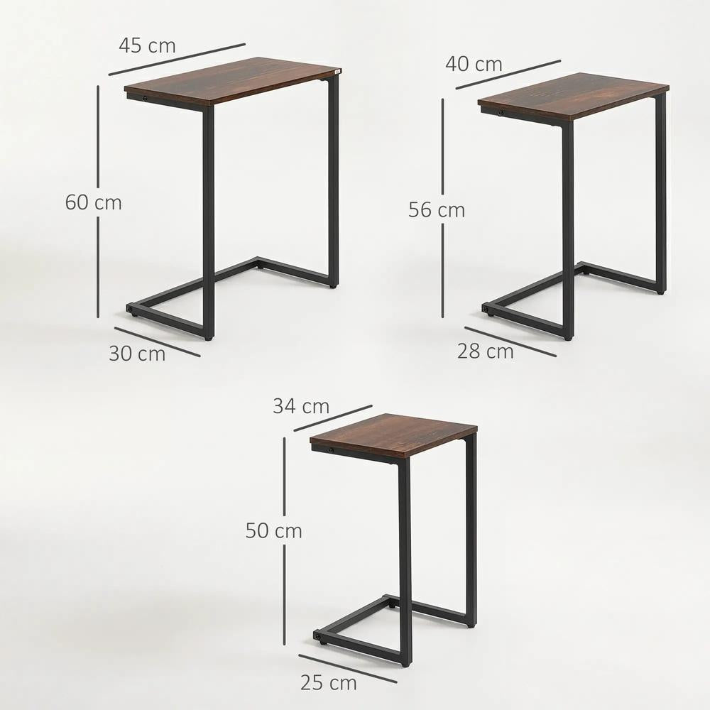HOMCOM Nesting Side Tables Set of 3, C-Shaped Snack Side Tables with Steel Frame for Sofa Couch and Bed, Rustic Brown Additional View 3