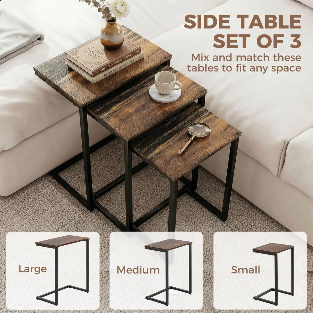 HOMCOM Nesting Side Tables Set of 3, C-Shaped Snack Side Tables with Steel Frame for Sofa Couch and Bed, Rustic Brown Additional View 4