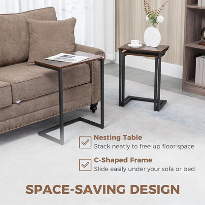 HOMCOM Nesting Side Tables Set of 3, C-Shaped Snack Side Tables with Steel Frame for Sofa Couch and Bed, Rustic Brown Additional View 5