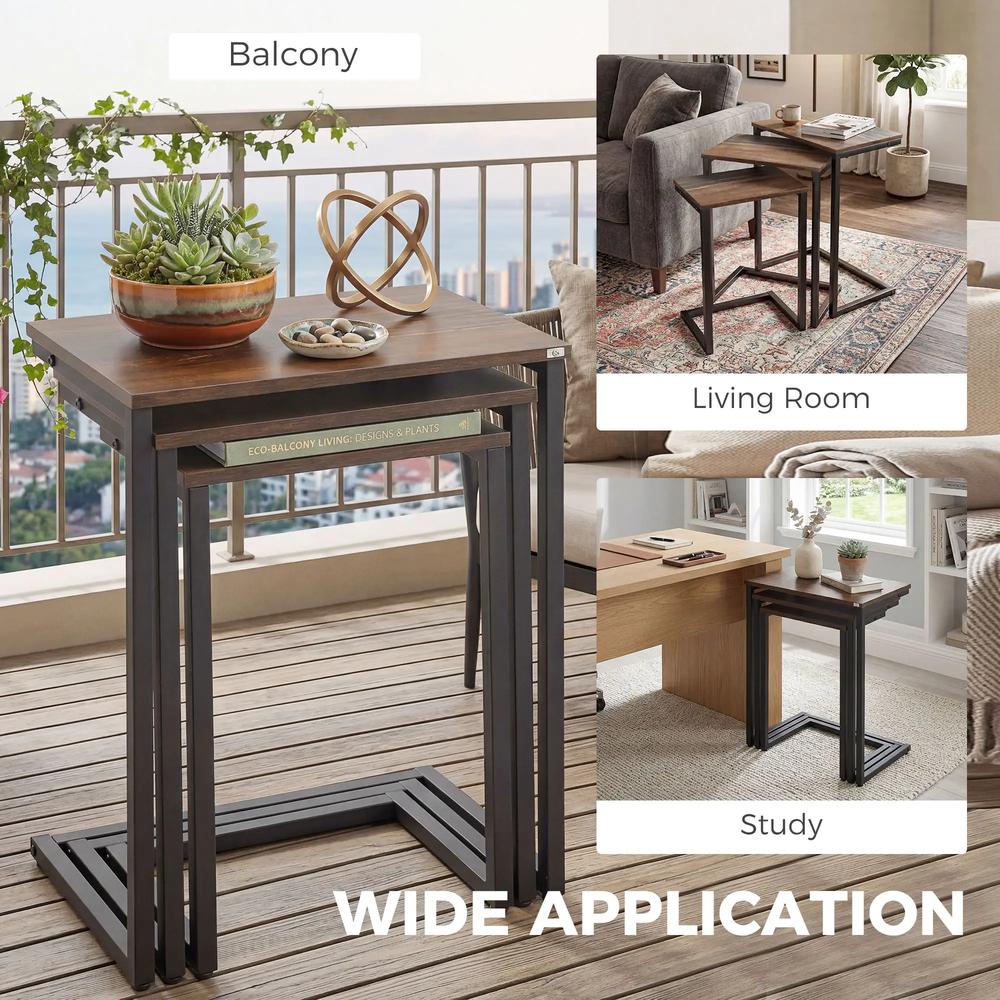 HOMCOM Nesting Side Tables Set of 3, C-Shaped Snack Side Tables with Steel Frame for Sofa Couch and Bed, Rustic Brown Additional View 7
