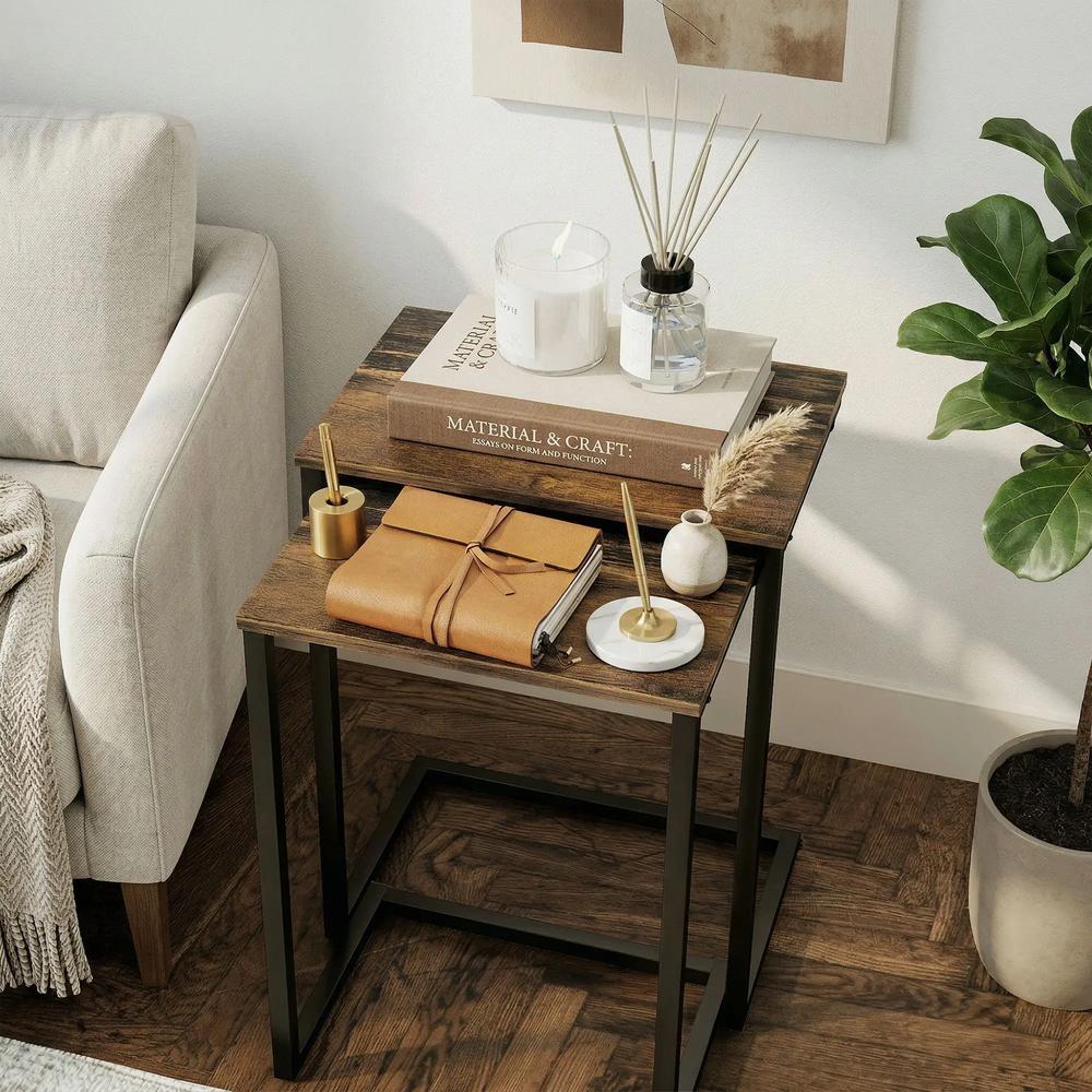 HOMCOM Nesting Side Tables Set of 3, C-Shaped Snack Side Tables with Steel Frame for Sofa Couch and Bed, Rustic Brown Additional View 8