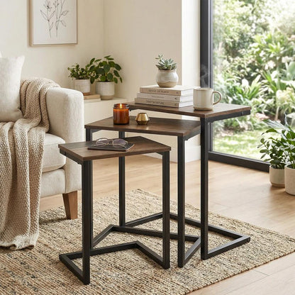 HOMCOM Nesting Side Tables Set of 3, C-Shaped Snack Side Tables with Steel Frame for Sofa Couch and Bed, Rustic Brown Additional View 10