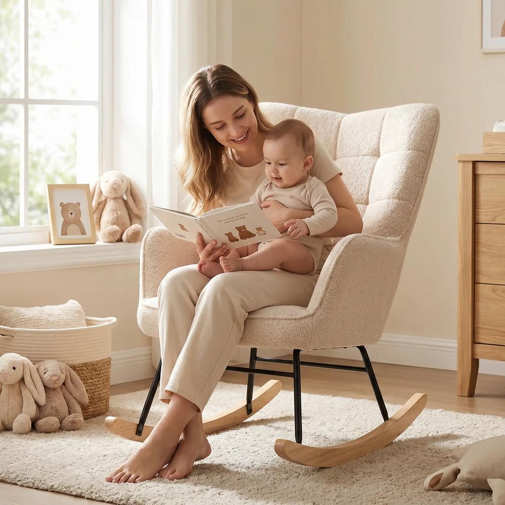 HOMCOM Berber Fleece Nursery Glider Rocker for Nursing, Wingback Rocking Chair for Living Room Additional View 23