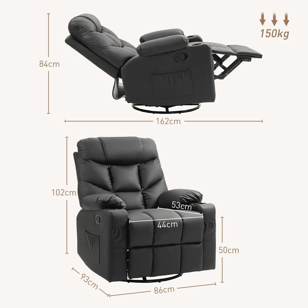 HOMCOM Manual Reclining Chair, Recliner Armchair with Swivel, Faux Leather, Footrest, Cup Holders, 86x93x102cm Additional View 14
