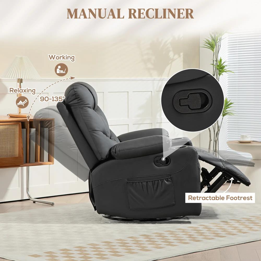 HOMCOM Manual Reclining Chair, Recliner Armchair with Swivel, Faux Leather, Footrest, Cup Holders, 86x93x102cm Additional View 15