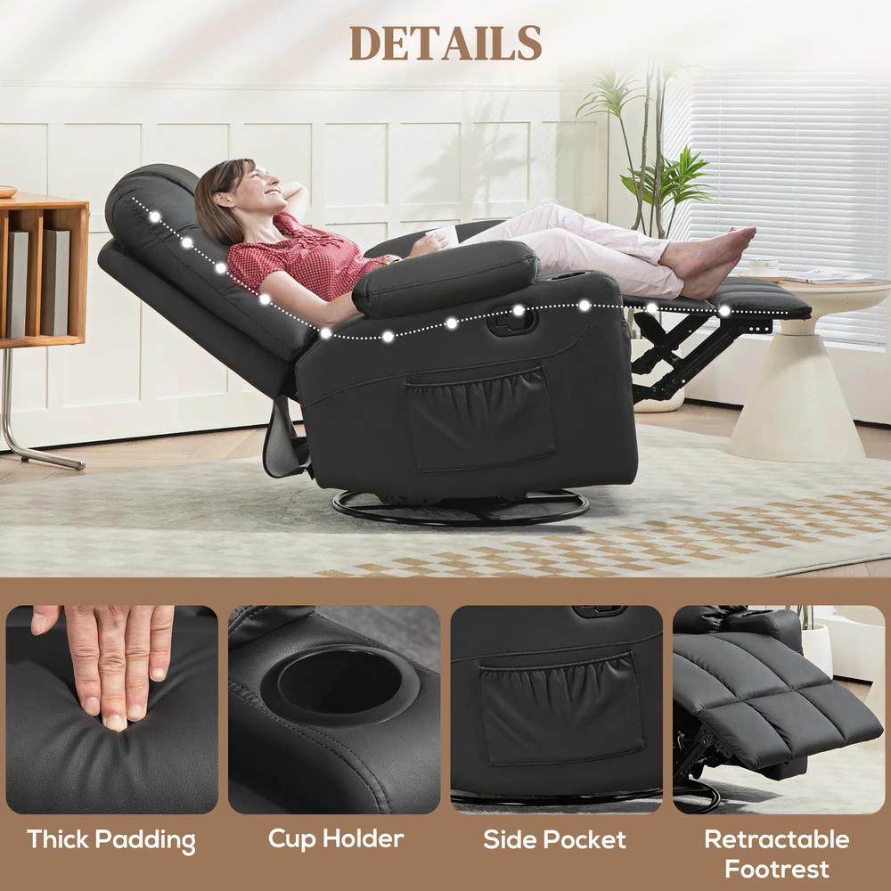 HOMCOM Manual Reclining Chair, Recliner Armchair with Swivel, Faux Leather, Footrest, Cup Holders, 86x93x102cm Additional View 18