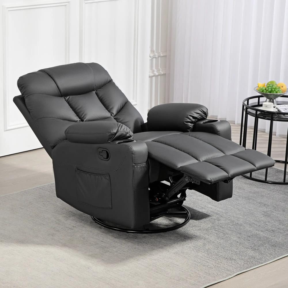 HOMCOM Manual Reclining Chair, Recliner Armchair with Swivel, Faux Leather, Footrest, Cup Holders, 86x93x102cm Additional View 19