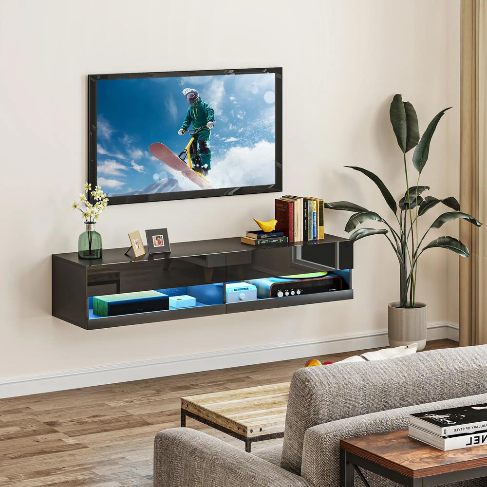 HOMCOM Floating TV Unit, Wall Mounted TV Cabinet for TVs up to 65", High Gloss Media Wall Unit with LED Lights, Storage Shelves, APP Control for Living Entertainment Room, Black Additional View 2