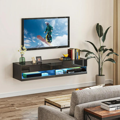 HOMCOM Floating TV Unit, Wall Mounted TV Cabinet for TVs up to 65", High Gloss Media Wall Unit with LED Lights, Storage Shelves, APP Control for Living Entertainment Room, Black Additional View 2