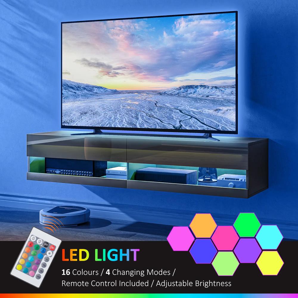 HOMCOM Floating TV Unit, Wall Mounted TV Cabinet for TVs up to 65", High Gloss Media Wall Unit with LED Lights, Storage Shelves, APP Control for Living Entertainment Room, Black Additional View 5