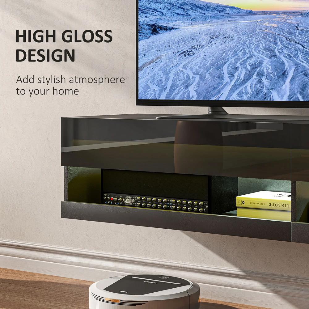 HOMCOM Floating TV Unit, Wall Mounted TV Cabinet for TVs up to 65", High Gloss Media Wall Unit with LED Lights, Storage Shelves, APP Control for Living Entertainment Room, Black Additional View 7