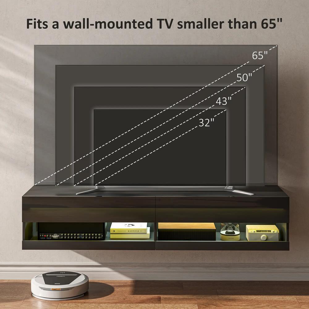HOMCOM Floating TV Unit, Wall Mounted TV Cabinet for TVs up to 65", High Gloss Media Wall Unit with LED Lights, Storage Shelves, APP Control for Living Entertainment Room, Black Additional View 8