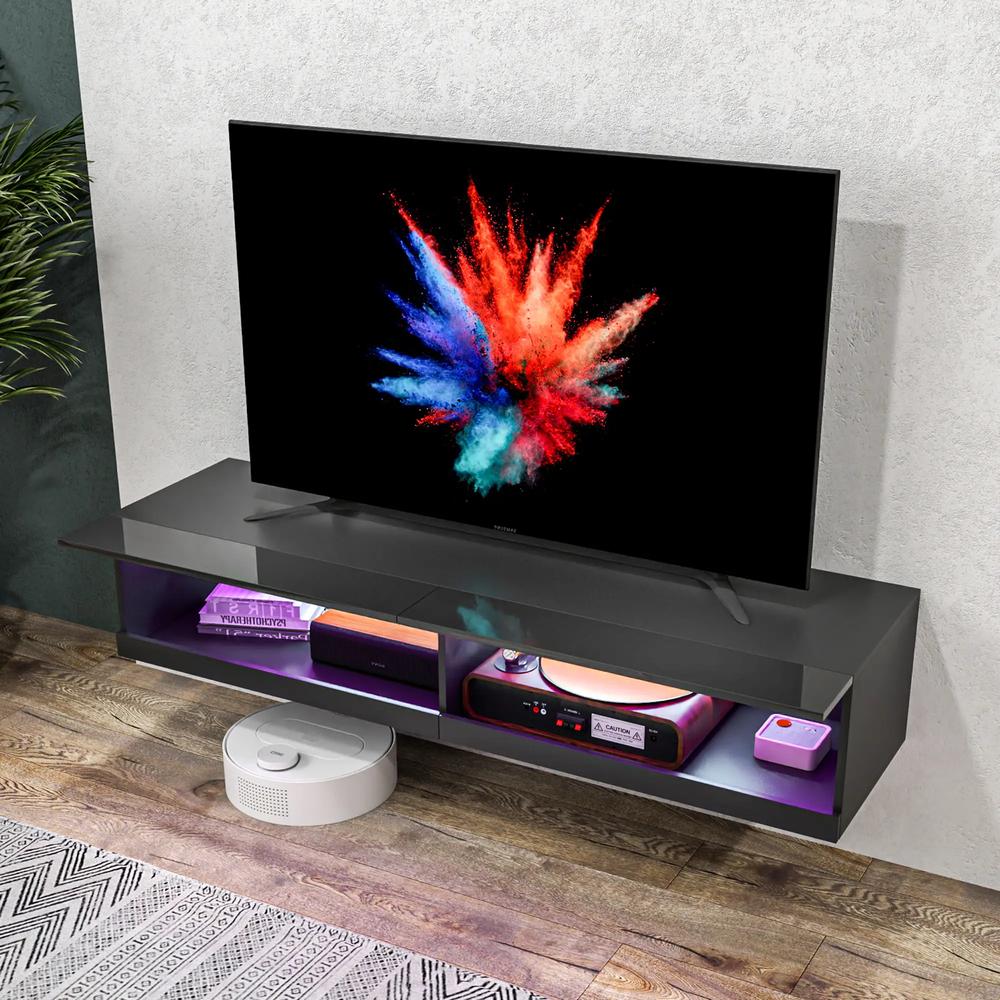 HOMCOM Floating TV Unit, Wall Mounted TV Cabinet for TVs up to 65", High Gloss Media Wall Unit with LED Lights, Storage Shelves, APP Control for Living Entertainment Room, Black Additional View 9