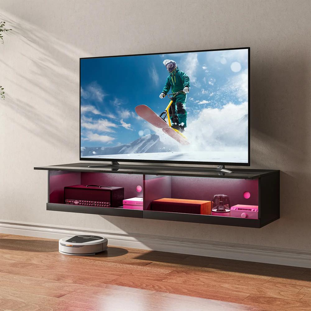 HOMCOM Floating TV Unit, Wall Mounted TV Cabinet for TVs up to 65", High Gloss Media Wall Unit with LED Lights, Storage Shelves, APP Control for Living Entertainment Room, Black Additional View 10