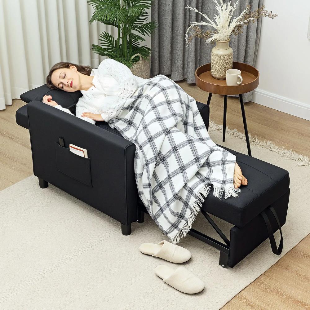 HOMCOM 3-In-1 Linen-Look Single Chair Bed with 11cm Thick Adjustable Back & Eucalyptus Wood Sofa Frame - Black Additional View 11