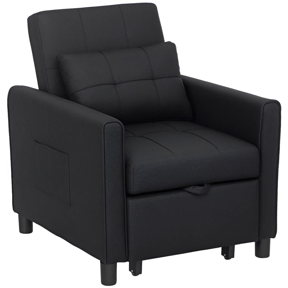 HOMCOM 3-In-1 Linen-Look Single Chair Bed with 11cm Thick Adjustable Back & Eucalyptus Wood Sofa Frame - Black Additional View 12