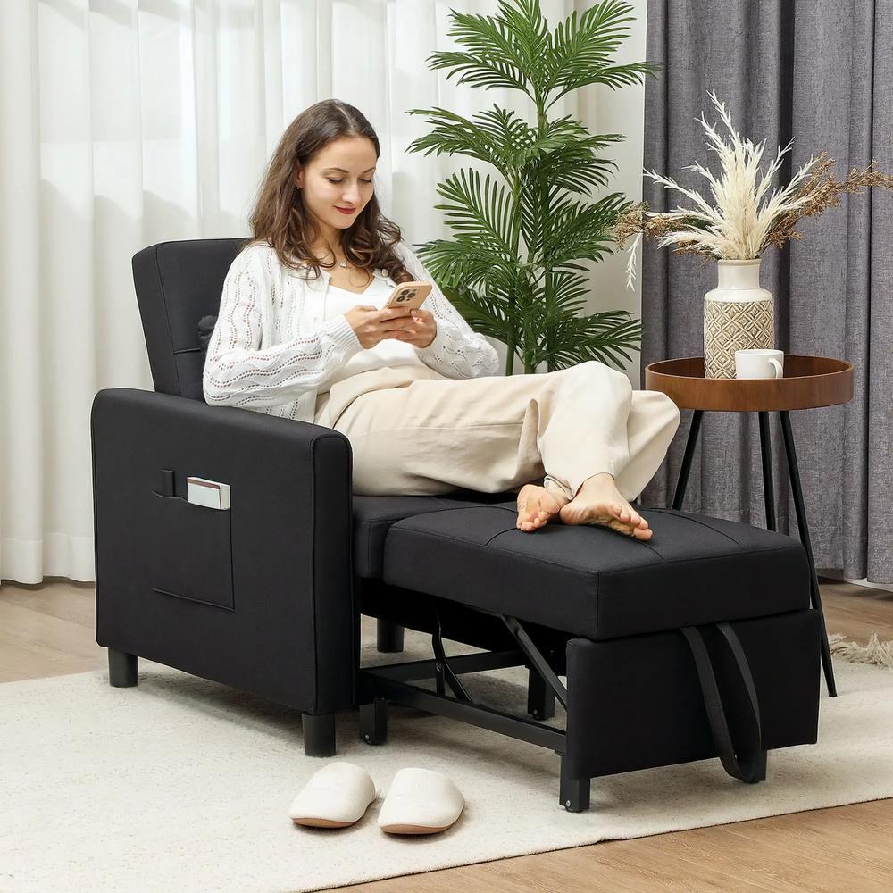 HOMCOM 3-In-1 Linen-Look Single Chair Bed with 11cm Thick Adjustable Back & Eucalyptus Wood Sofa Frame - Black Additional View 2