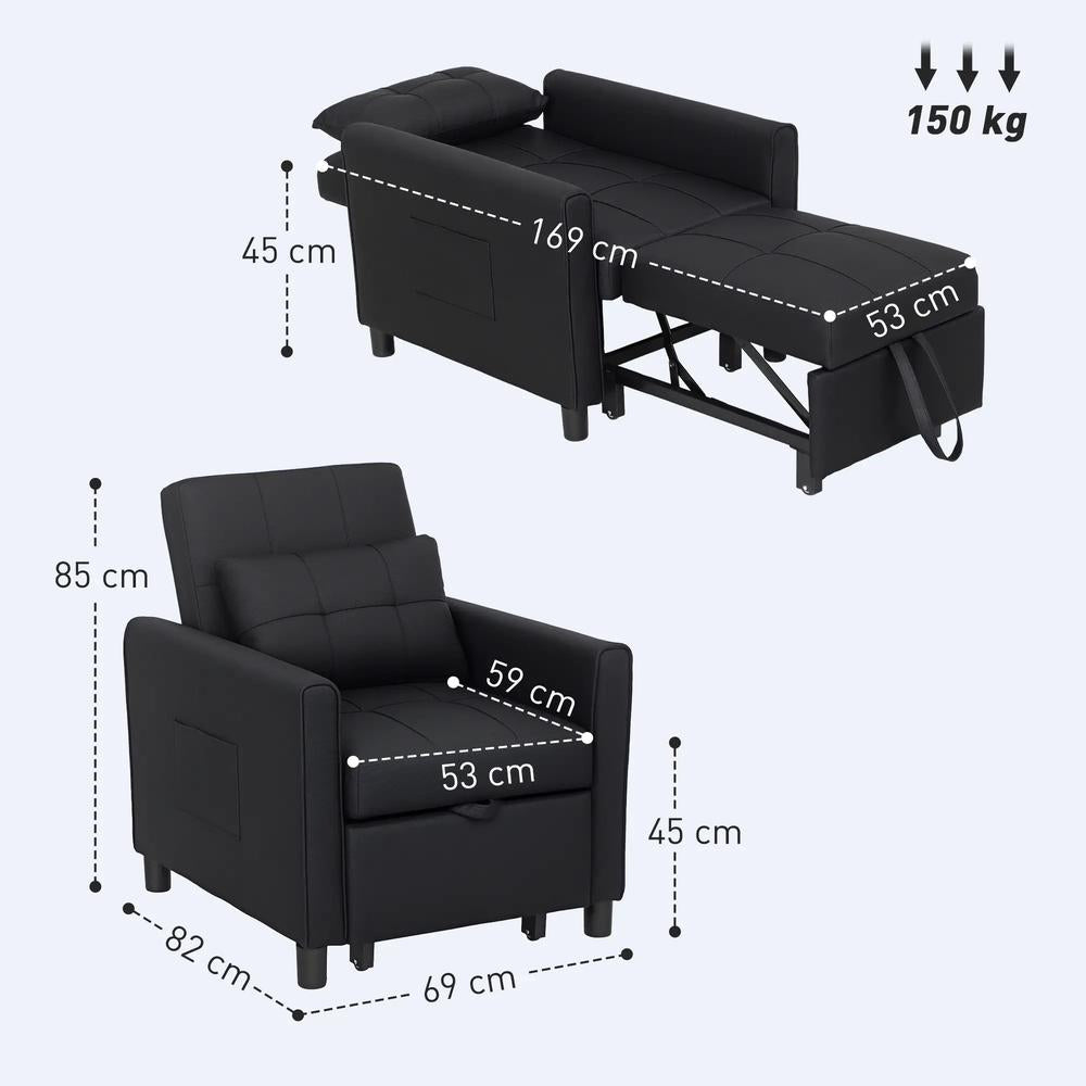 HOMCOM 3-In-1 Linen-Look Single Chair Bed with 11cm Thick Adjustable Back & Eucalyptus Wood Sofa Frame - Black Additional View 3