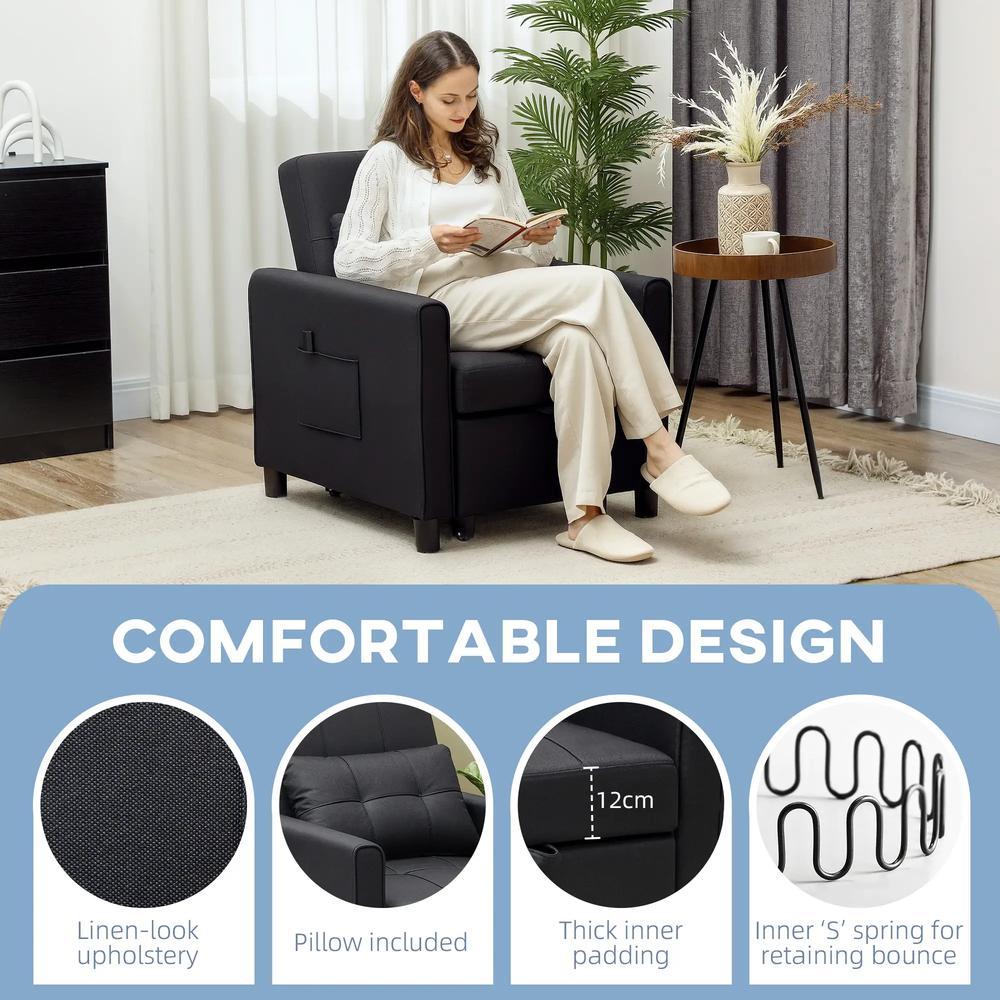 HOMCOM 3-In-1 Linen-Look Single Chair Bed with 11cm Thick Adjustable Back & Eucalyptus Wood Sofa Frame - Black Additional View 4