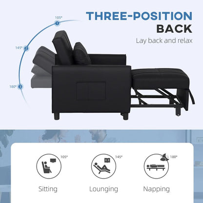 HOMCOM 3-In-1 Linen-Look Single Chair Bed with 11cm Thick Adjustable Back & Eucalyptus Wood Sofa Frame - Black Additional View 5