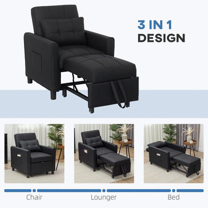 HOMCOM 3-In-1 Linen-Look Single Chair Bed with 11cm Thick Adjustable Back & Eucalyptus Wood Sofa Frame - Black Additional View 6