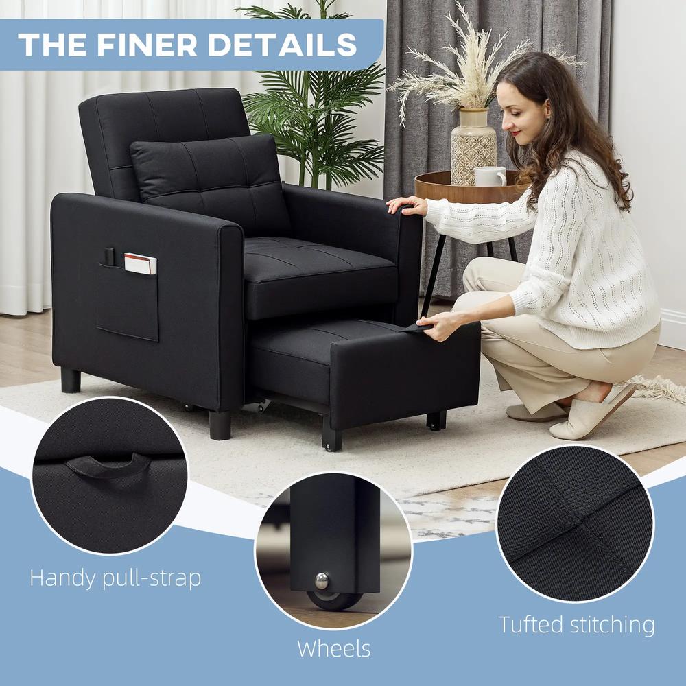 HOMCOM 3-In-1 Linen-Look Single Chair Bed with 11cm Thick Adjustable Back & Eucalyptus Wood Sofa Frame - Black Additional View 7